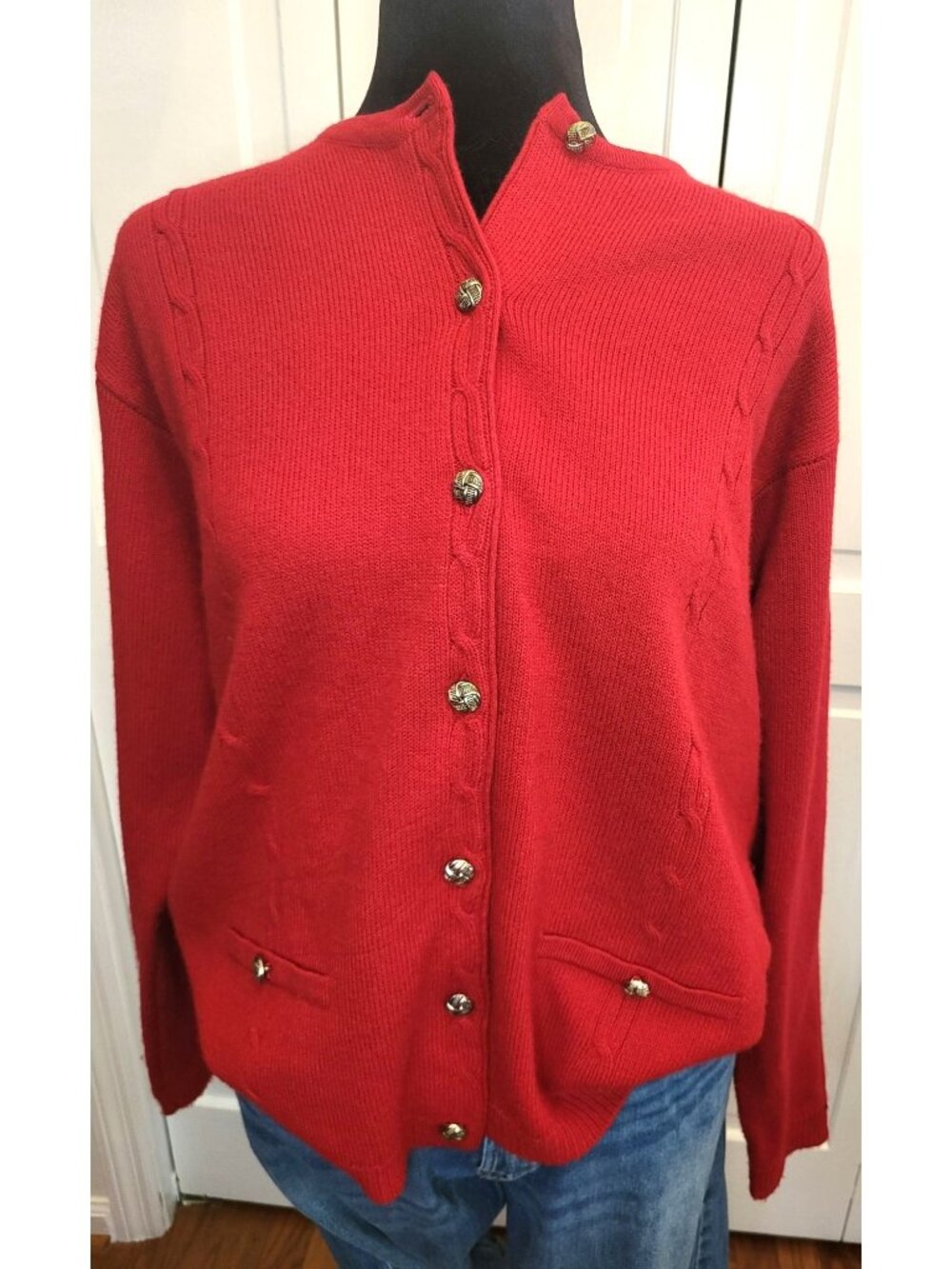 Vintage 90s Red Cable Knit Cardigan Gold Buttons L Preppy Tailored Old Money